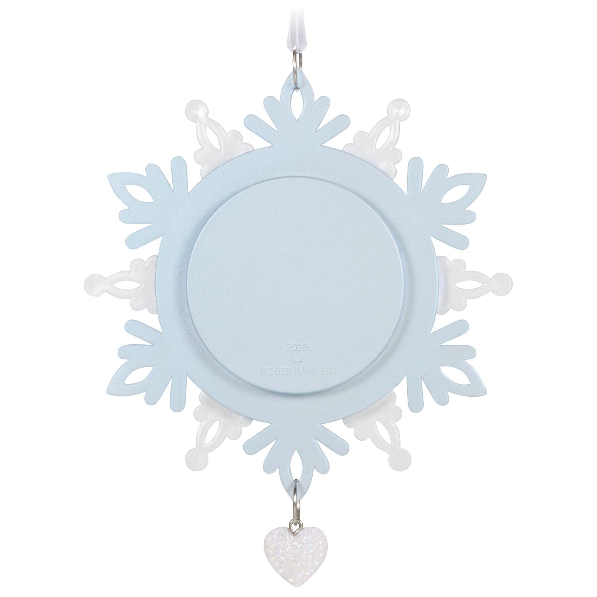 Our First Christmas Together Snowflake Photo Frame — Hallmark Keepsake Christmas Ornament, light blue snowflake design with clear accents and a heart charm.