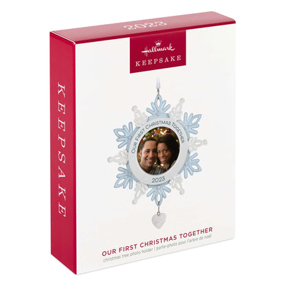 Our First Christmas Together Snowflake Photo Frame — Hallmark Keepsake Christmas Ornament in gift packaging with vibrant design and 2023 date.