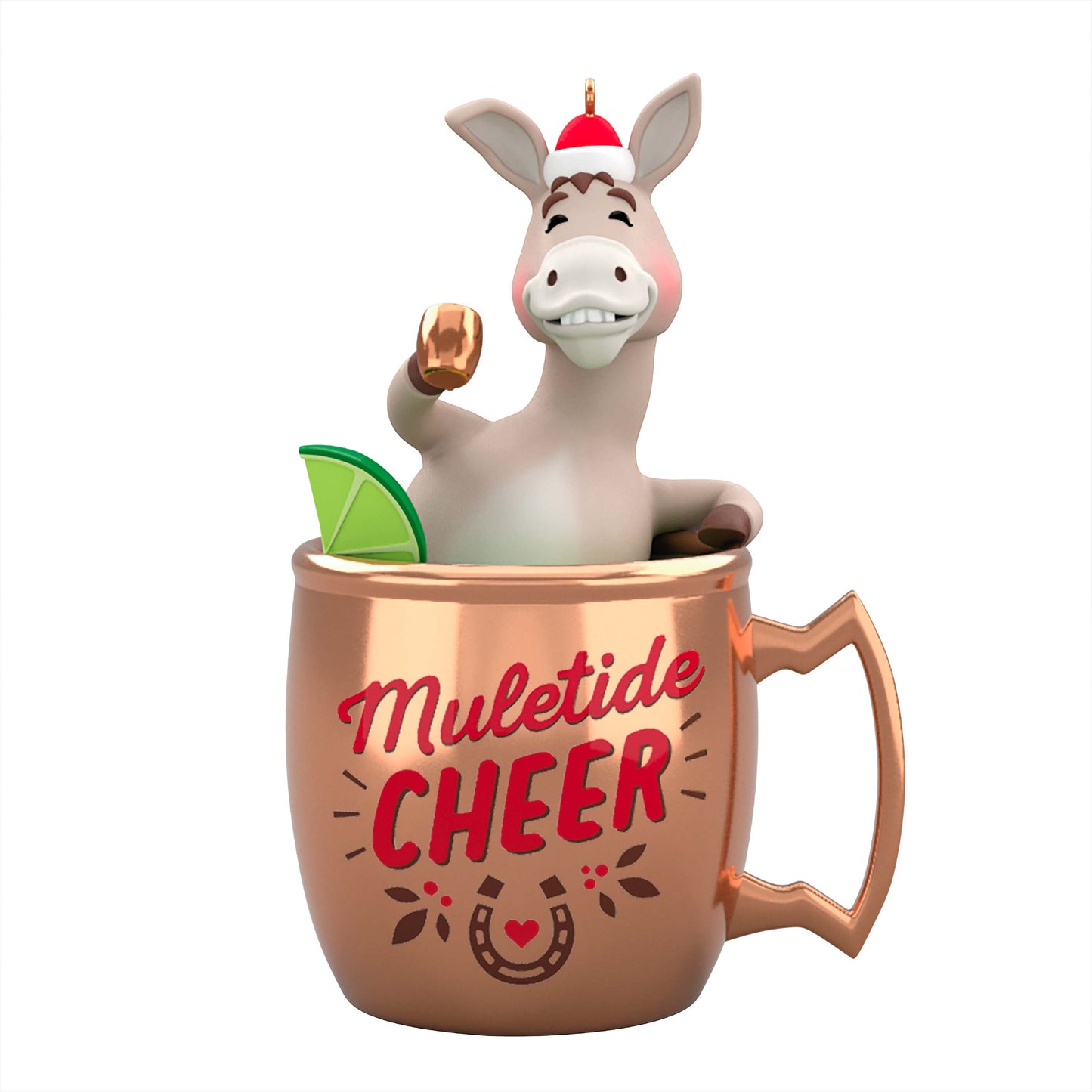 Muletide Cheer — Hallmark Keepsake Christmas Ornament, plastic design of a mule in a copper mug with lime slice, festive detail