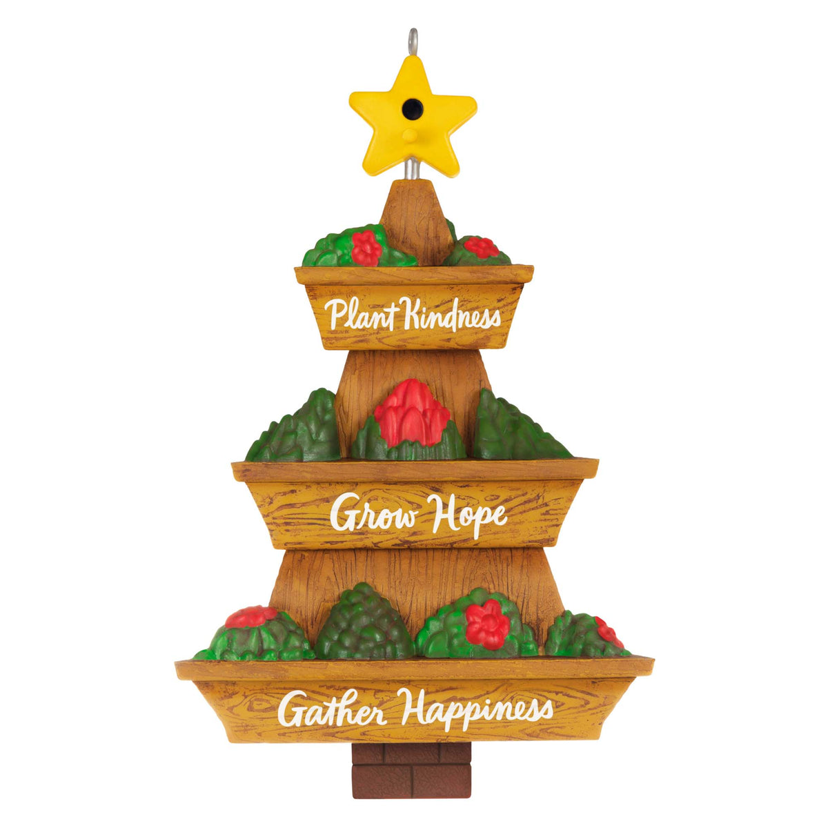 Season's Gardenings — Hallmark Keepsake Christmas Ornament, tiered planter design featuring plant kindness, grow hope, gather happiness messages and yellow star.