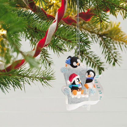 Long Letter to Santa Penguin — Hallmark Keepsake Christmas Ornament featuring playful penguins on a frosty chair, hanging from a festive tree.