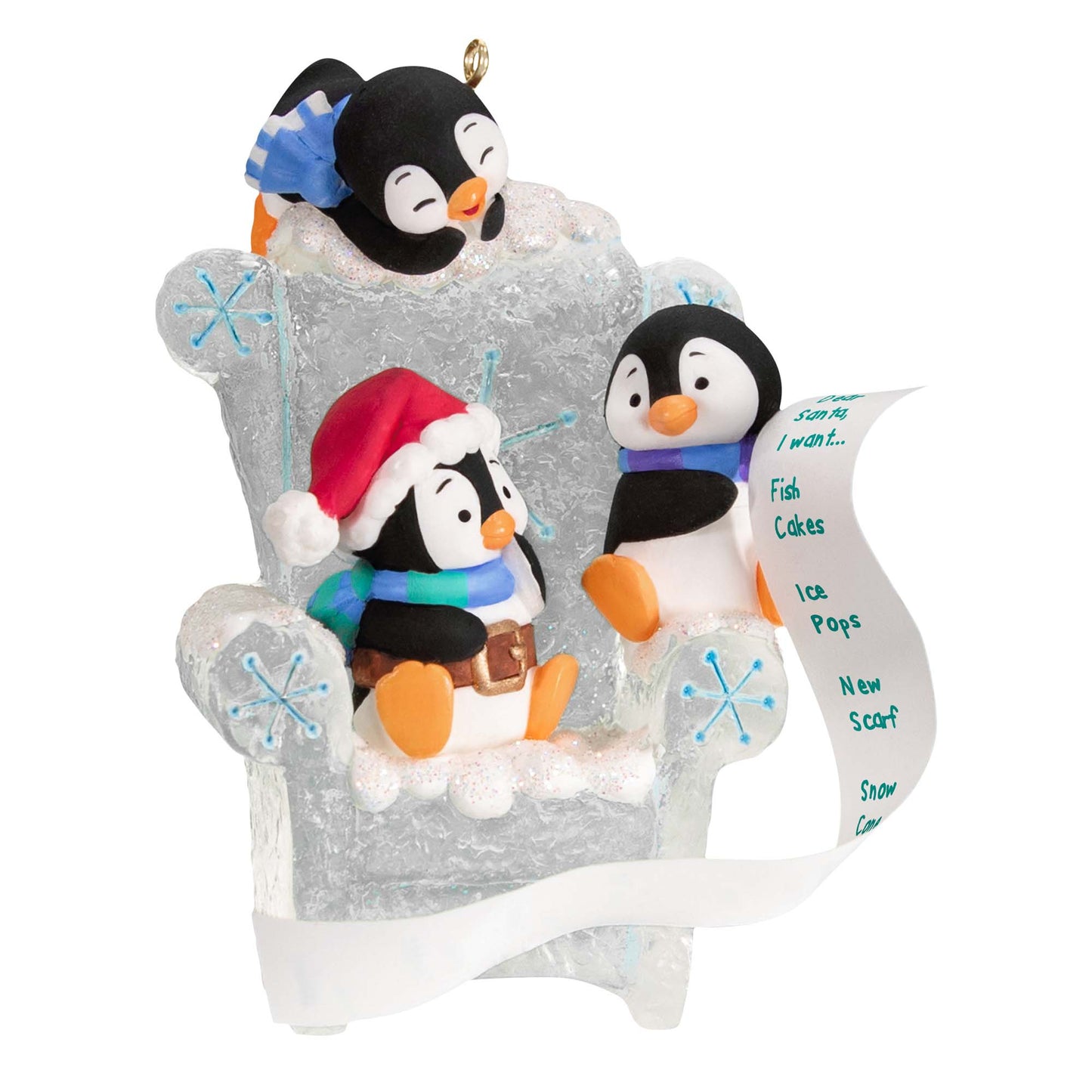 Long Letter to Santa Penguin — Hallmark Keepsake Christmas Ornament featuring playful penguins on an icy throne with a list of wishes.