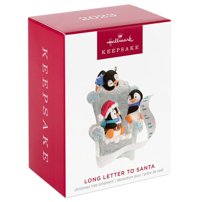 Long Letter to Santa Penguin — Hallmark Keepsake Christmas Ornament, packaged view featuring playful penguins on a snowy chair.