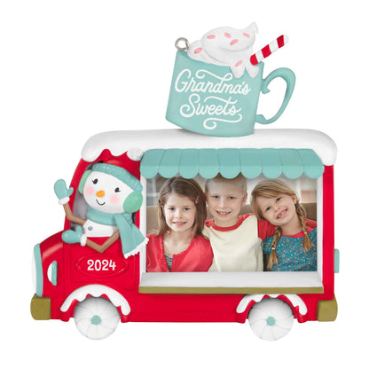 Grandma's Sweets Photo Frame — Hallmark Keepsake Christmas Ornament, red hot chocolate food truck design, displaying kids' photo.