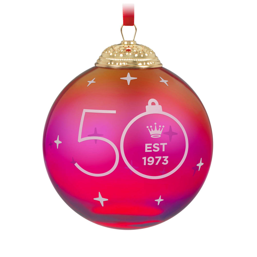 Keepsake Ornament 50th Anniversary Christmas Commemorative Special Edition — Hallmark Keepsake Christmas Ornament in shimmery red glass with gold cap