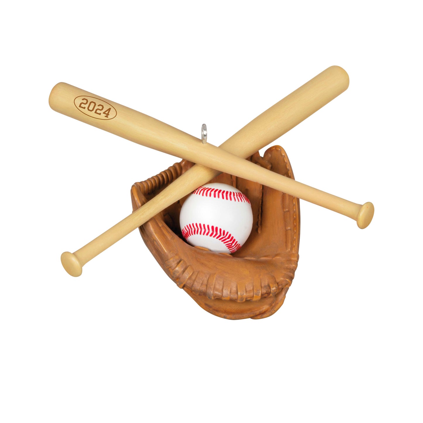 Baseball Star — Hallmark Keepsake Christmas Ornament in a catcher's mitt with 2024 engraved bats and a baseball, flat lay view.