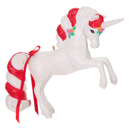 Sweet Unicorn — Hallmark Keepsake Christmas Ornament with candy cane mane and ribbon, showing pearlised body and glittery details