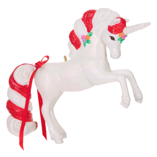 Sweet Unicorn — Hallmark Keepsake Christmas Ornament with candy cane mane and ribbon, showing pearlised body and glittery details