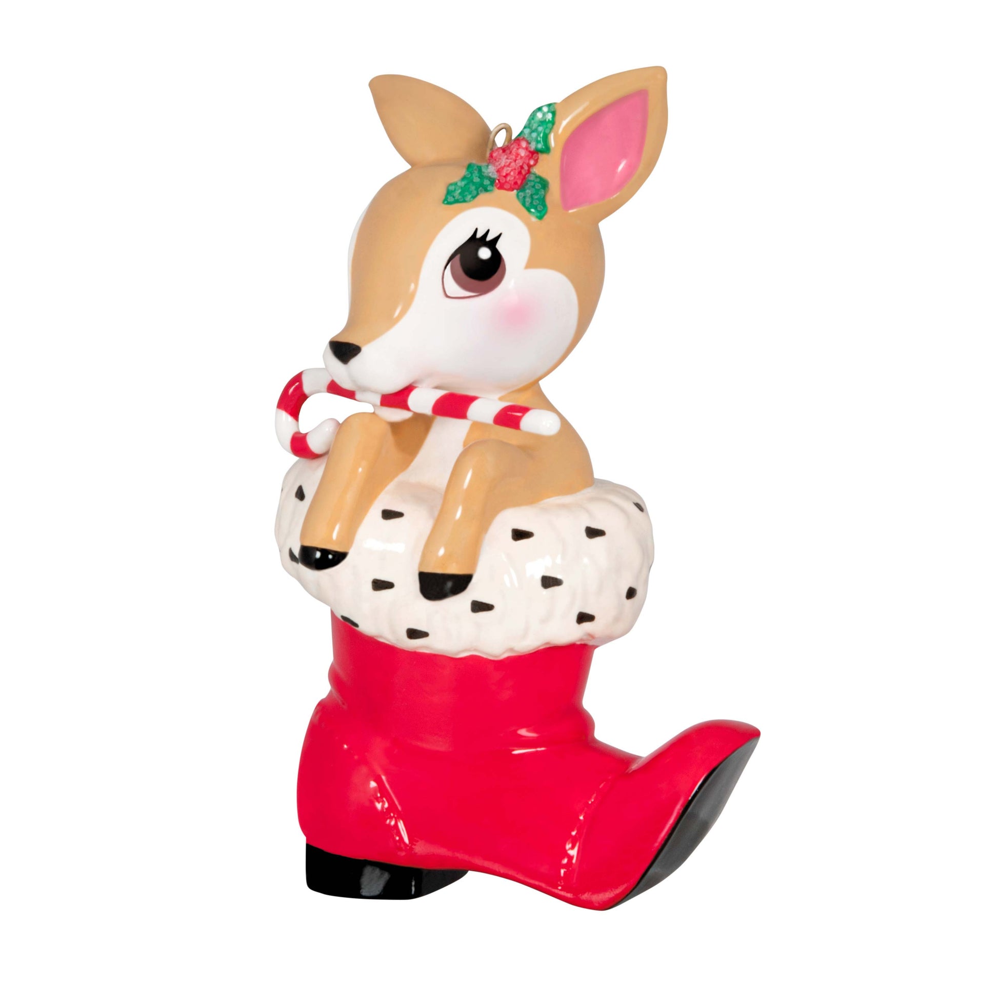 Vintage Reindeer Porcelain — Hallmark Keepsake Christmas Ornament, ceramic design, festive red boot, cute reindeer with candy cane
