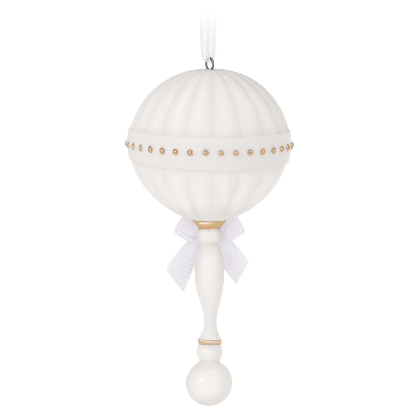 Baby's First Christmas (2023) Porcelain Rattle — Hallmark Keepsake Christmas Ornament in white with gold accents and ribbon detail, hanging view.