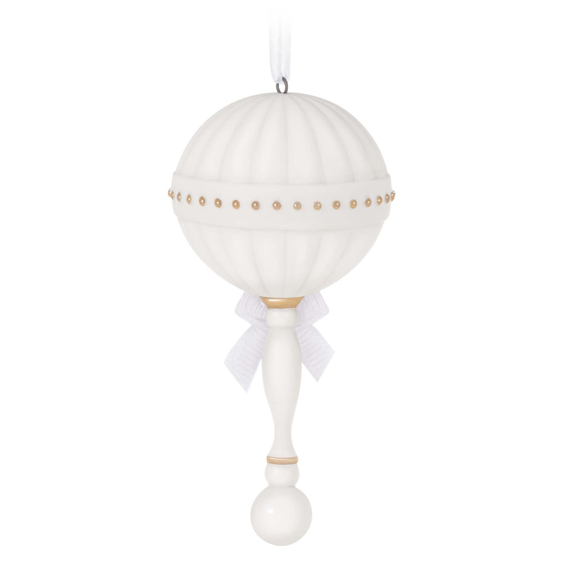 Baby's First Christmas (2023) Porcelain Rattle — Hallmark Keepsake Christmas Ornament in white with gold accents and ribbon detail, hanging view.