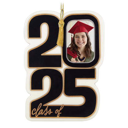 Class of 2025, photo holder — 2025 Hallmark Keepsake Christmas ornament featuring a smiling graduate in red cap and gown.