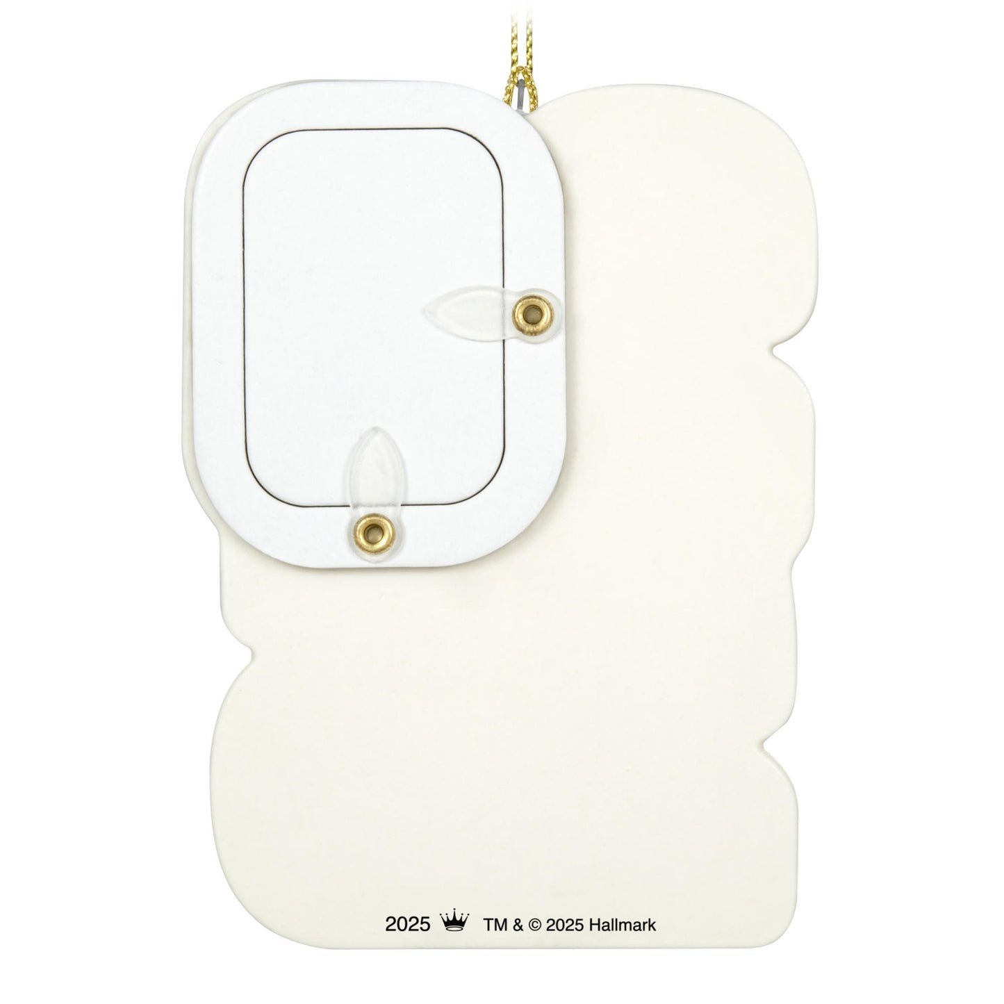Class of 2025, photo holder — 2025 Hallmark Keepsake Christmas ornament, back view with frame cutout and gold accents.