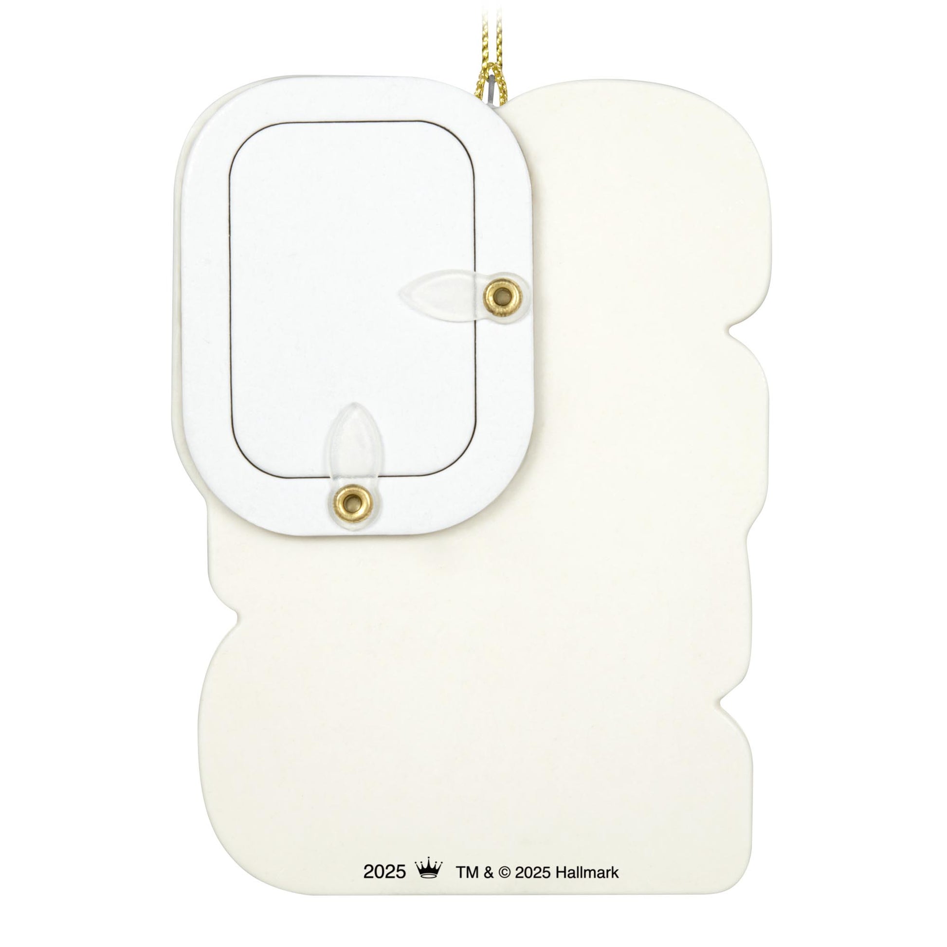 Class of 2025, photo holder — 2025 Hallmark Keepsake Christmas ornament, back view with frame cutout and gold accents.