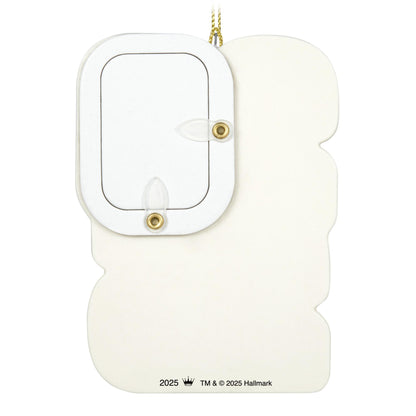 Class of 2025, photo holder — 2025 Hallmark Keepsake Christmas ornament, back view with frame cutout and gold accents.