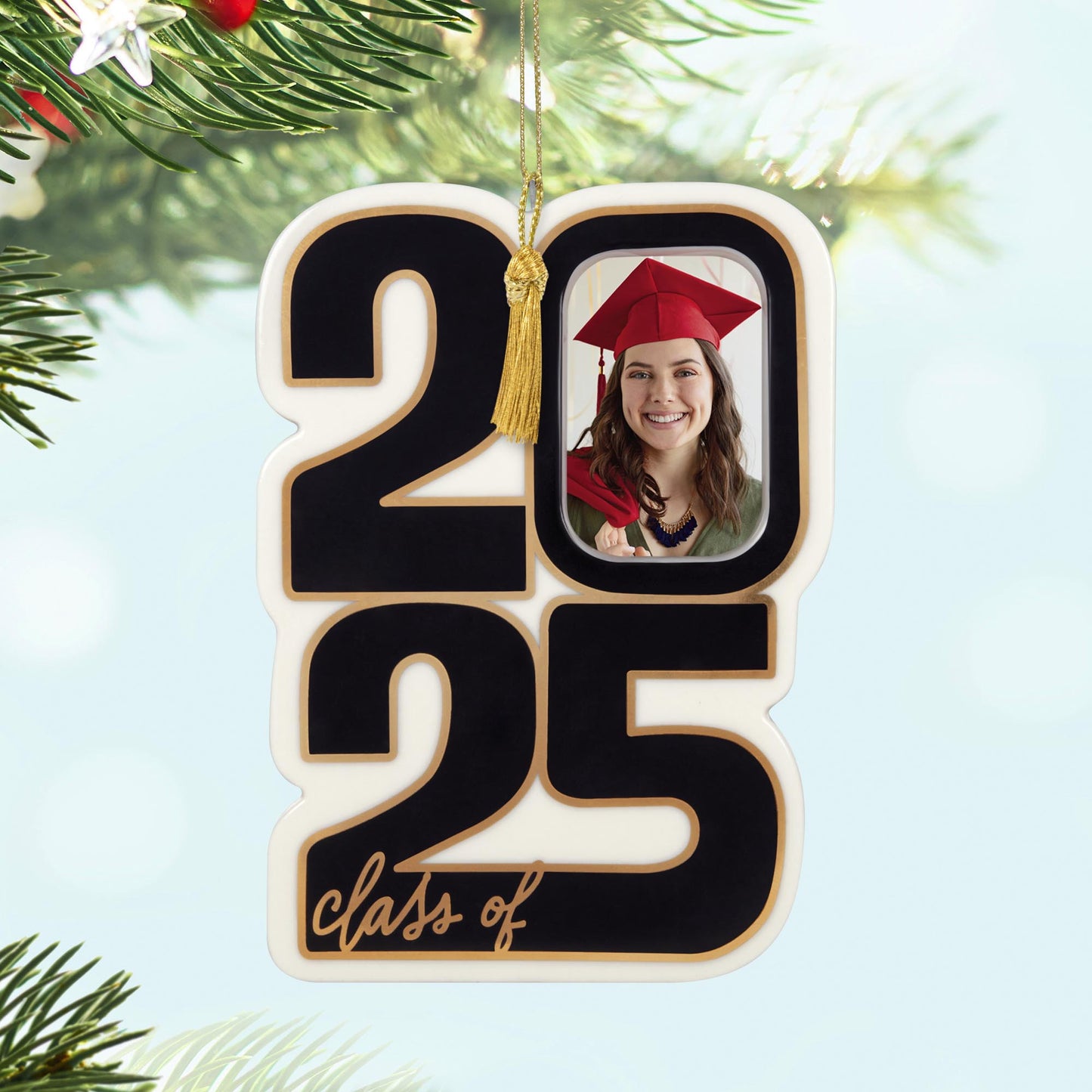 Class of 2025, photo holder — 2025 Hallmark Keepsake Christmas ornament with black numbers and shiny gold accents featuring a graduate's photo