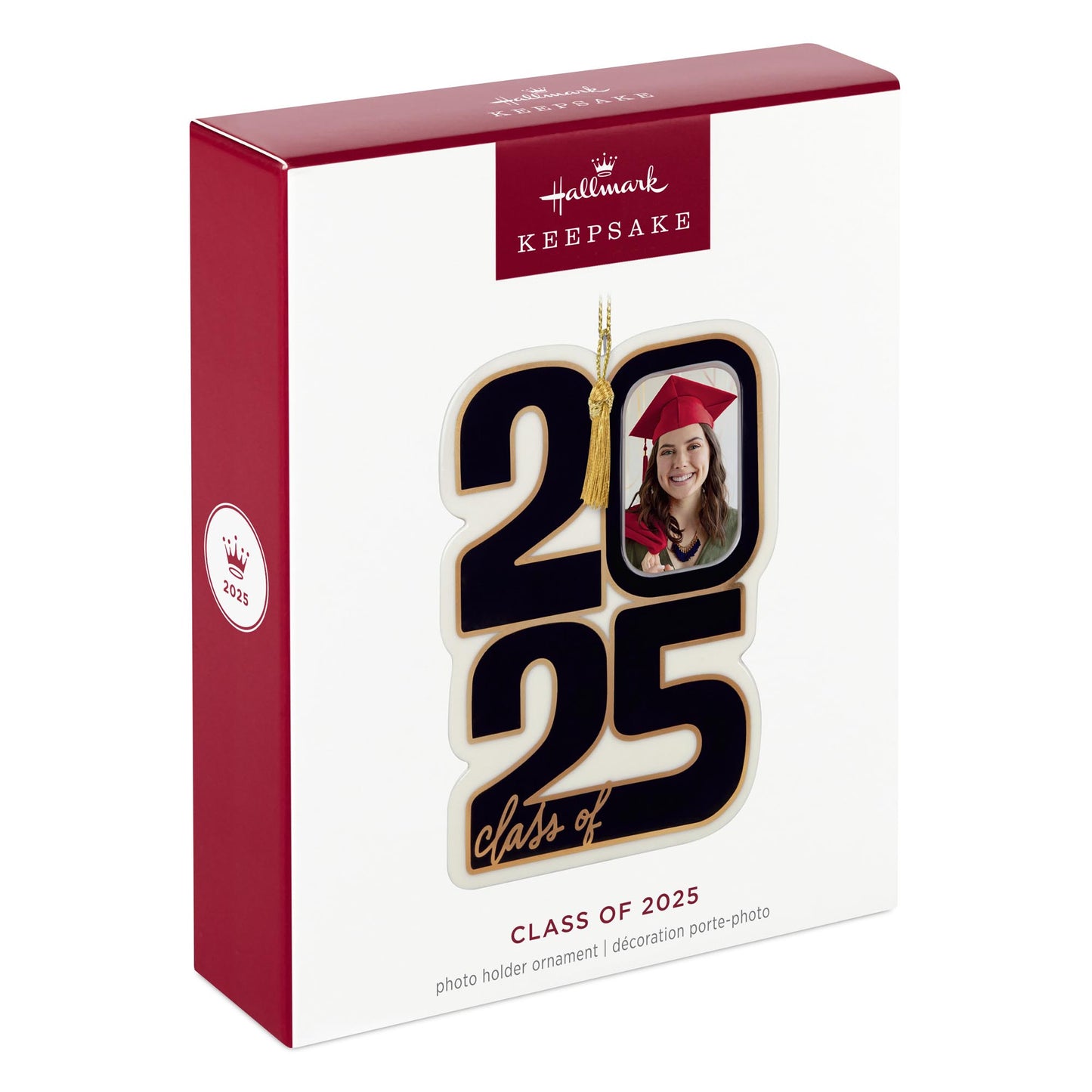 Class of 2025, photo holder — 2025 Hallmark Keepsake Christmas Ornament in box showing red and gold design details.