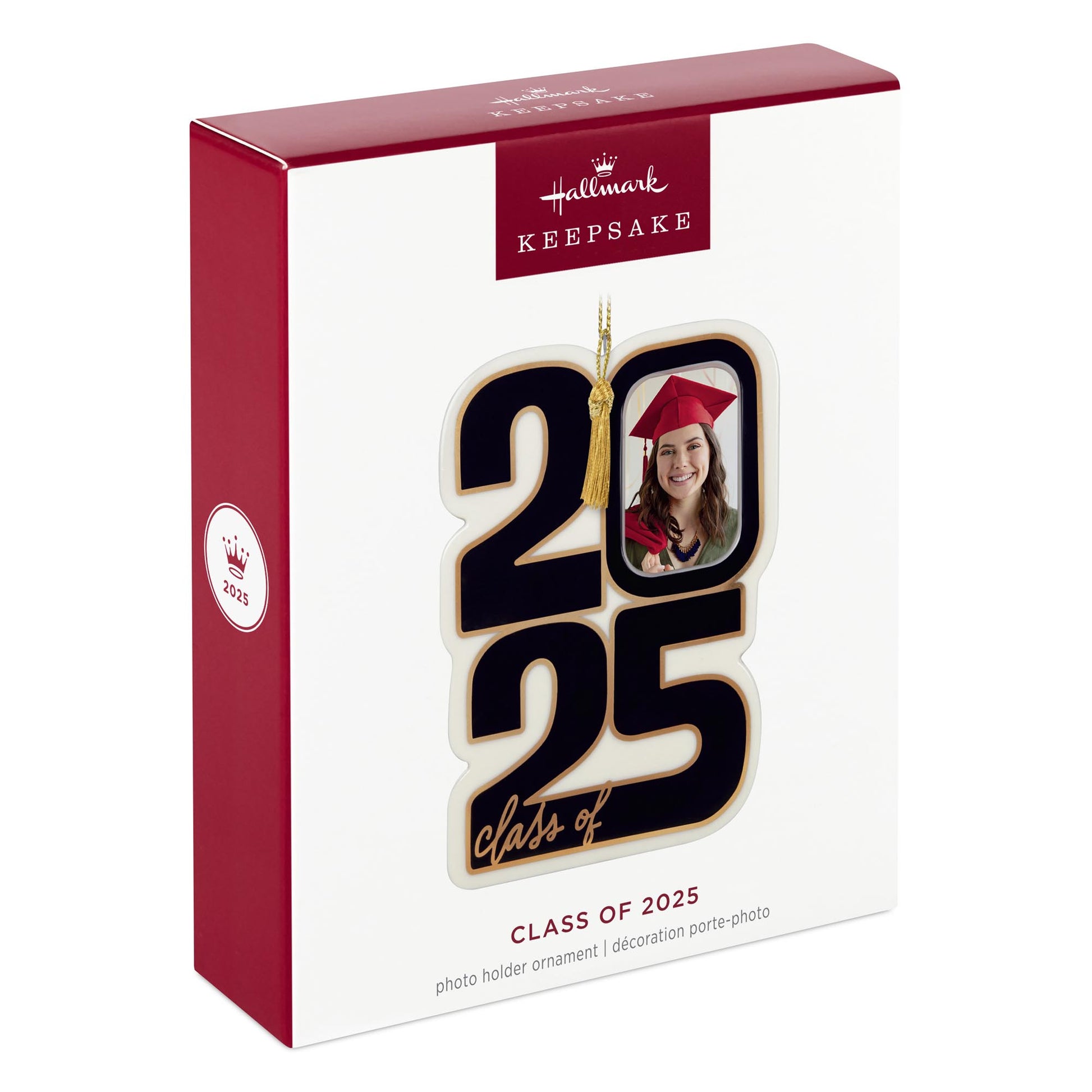 Class of 2025, photo holder — 2025 Hallmark Keepsake Christmas Ornament in box showing red and gold design details.