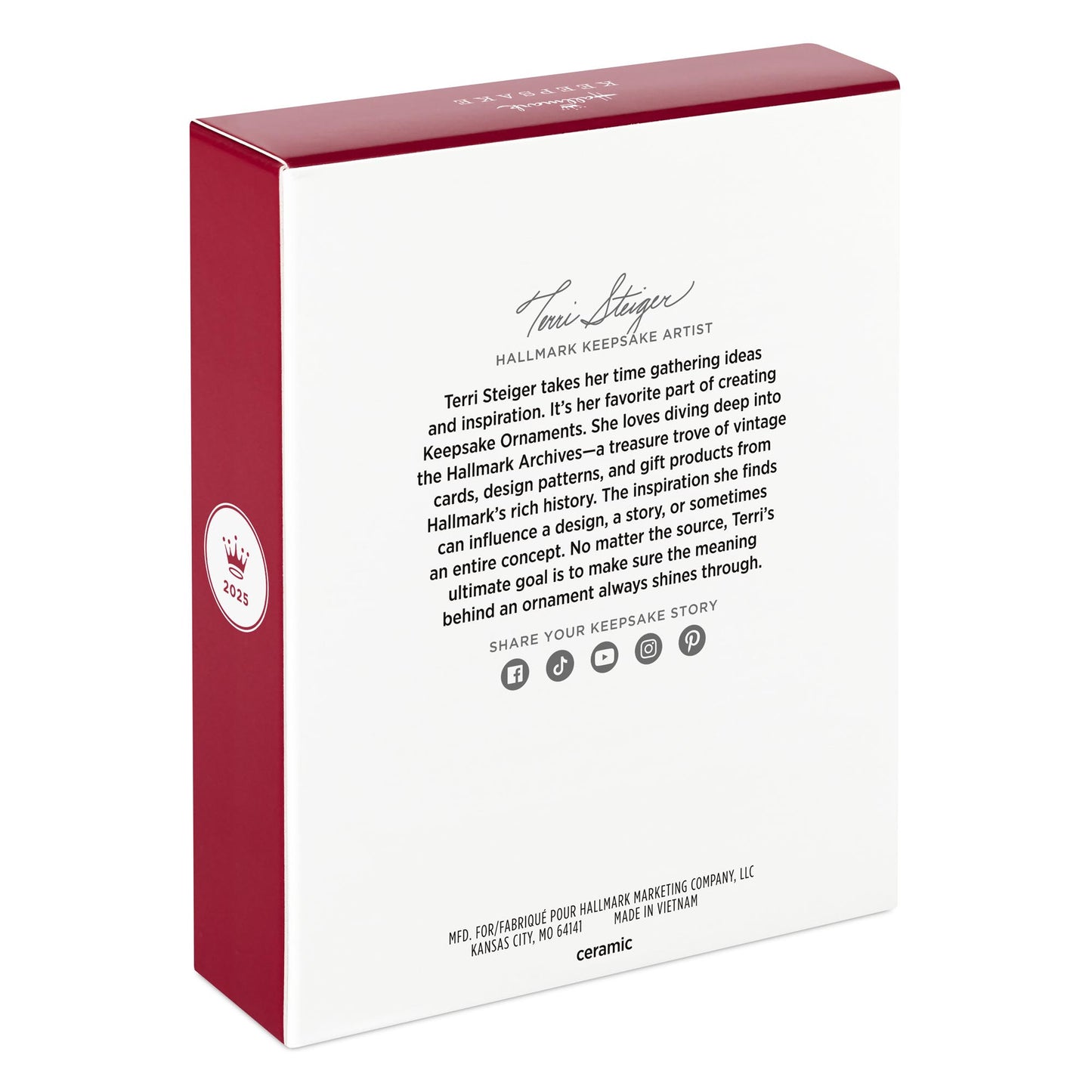 Class of 2025, photo holder — 2025 Hallmark Keepsake Christmas Ornament, detailed artist bio on a red and white box design.