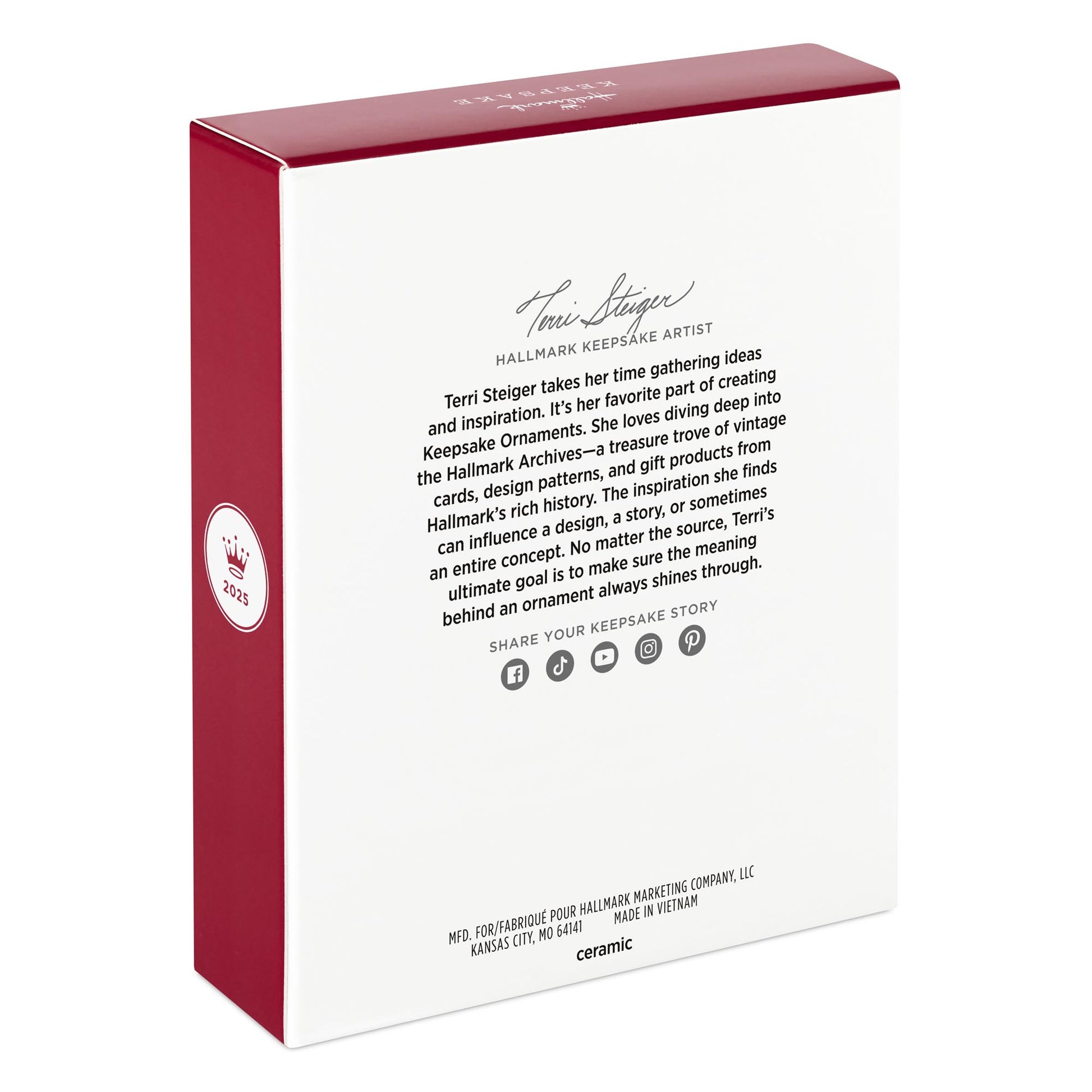 Class of 2025, photo holder — 2025 Hallmark Keepsake Christmas Ornament, detailed artist bio on a red and white box design.