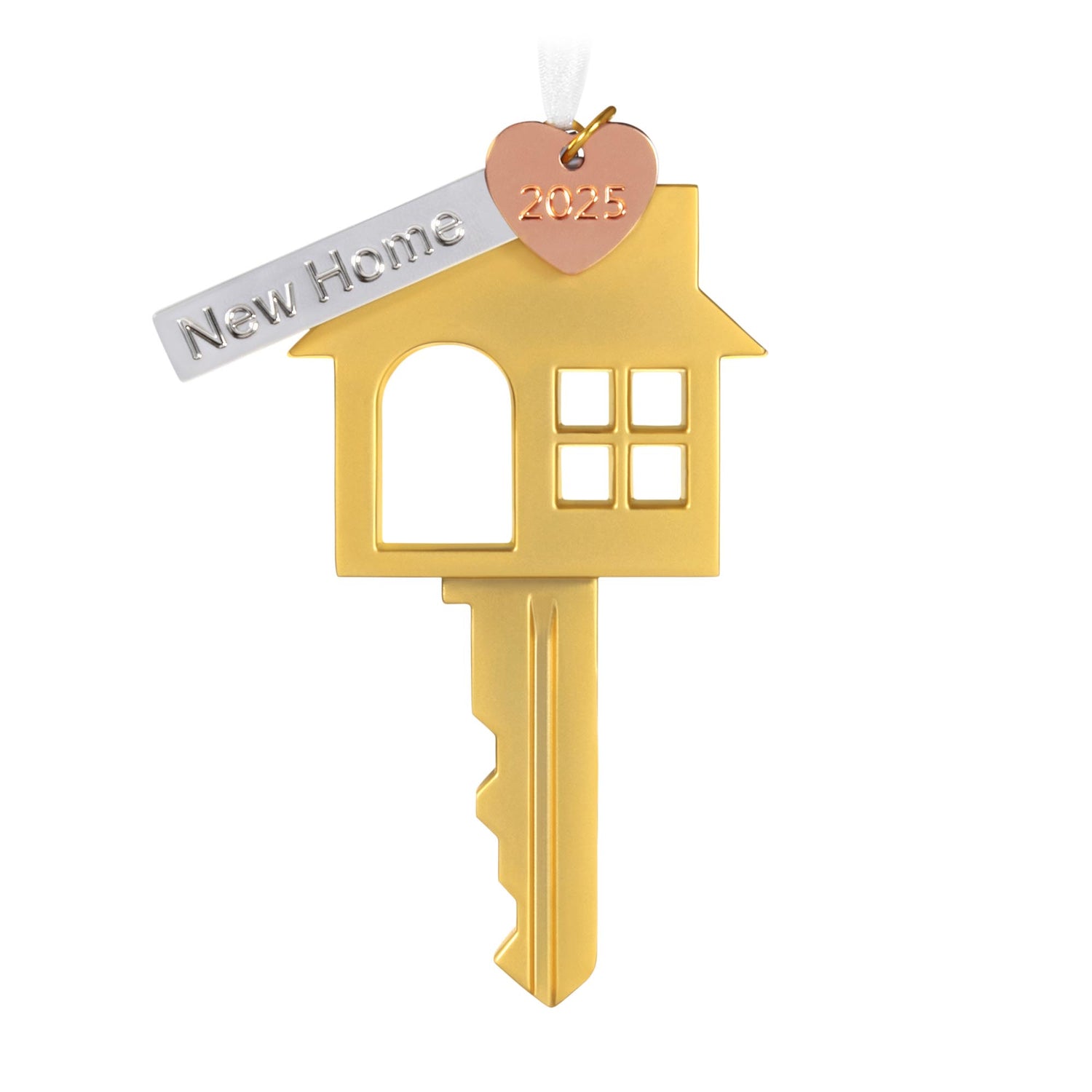 New Home — 2025 Hallmark Keepsake Christmas Ornament, gold key in house shape with heart charm, close-up view.
