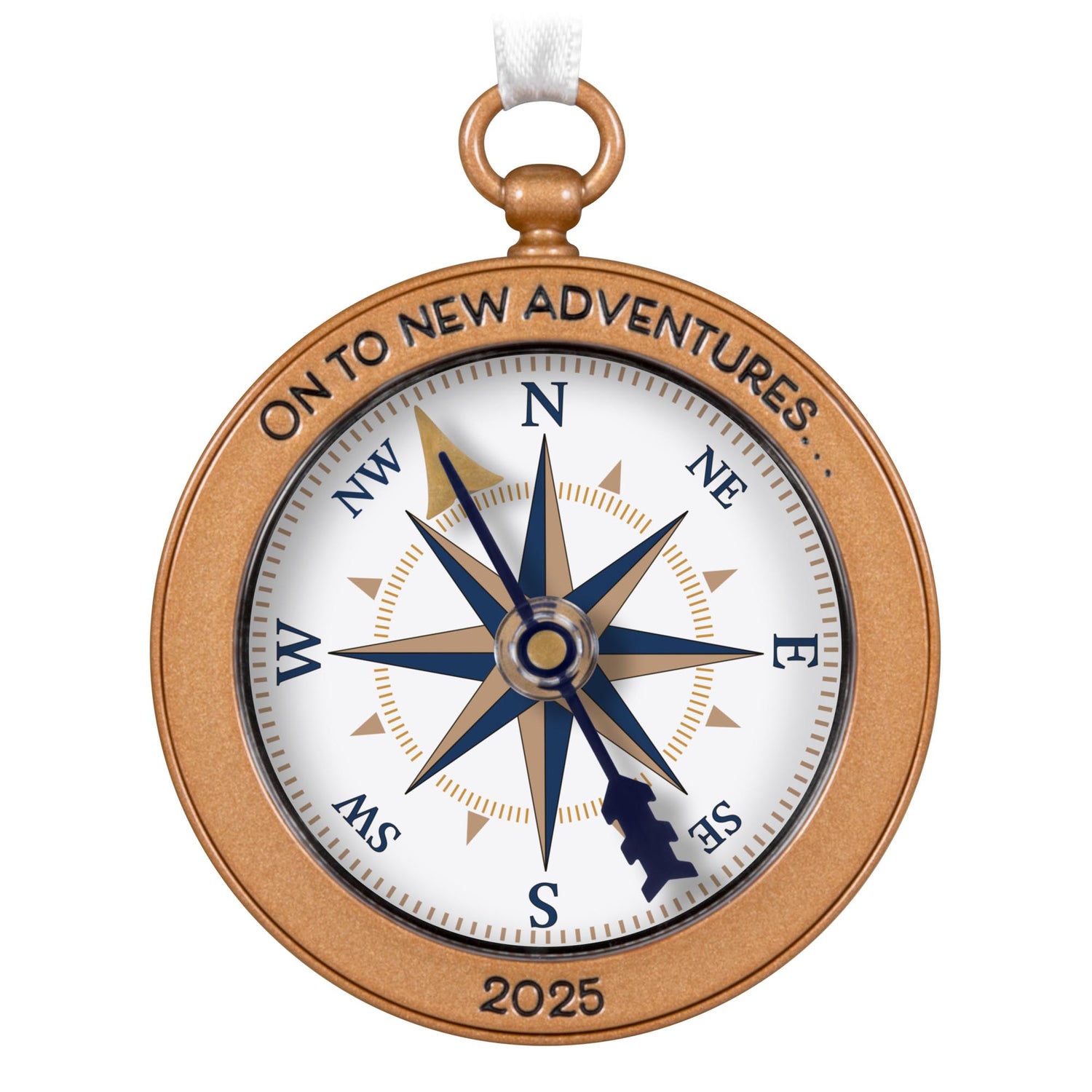 New Adventures — 2025 Hallmark Keepsake Christmas Ornament, metal compass design, navy blue and gold accents, close up view.