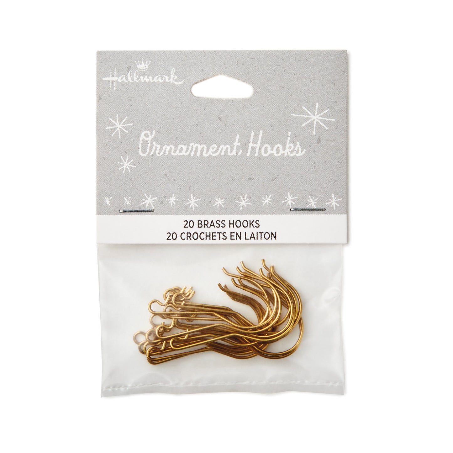 Hallmark Keepsake Christmas Ornament Hooks (Brass, Metal), Set of 20 in clear packaging with gold hooks visible