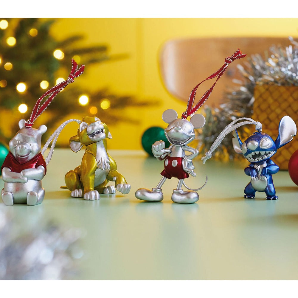 Disney 100 Years of Wonder Classic Characters, Set of 4 — Hallmark Keepsake Christmas Ornament, brushed nickel finish with vibrant colours, close up view