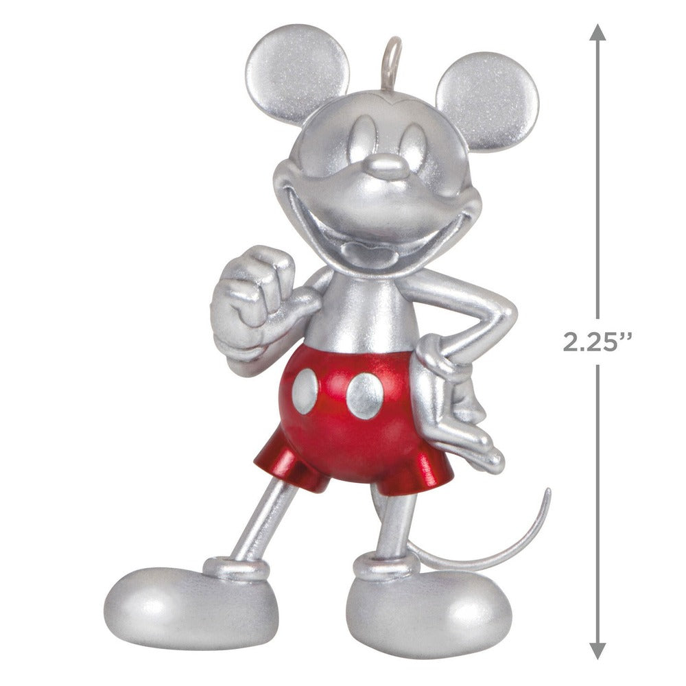 Disney 100 years of wonder classic characters, set of 4 — Hallmark Keepsake Christmas ornament featuring Mickey Mouse with a brushed nickel finish and red accents, standing pose.