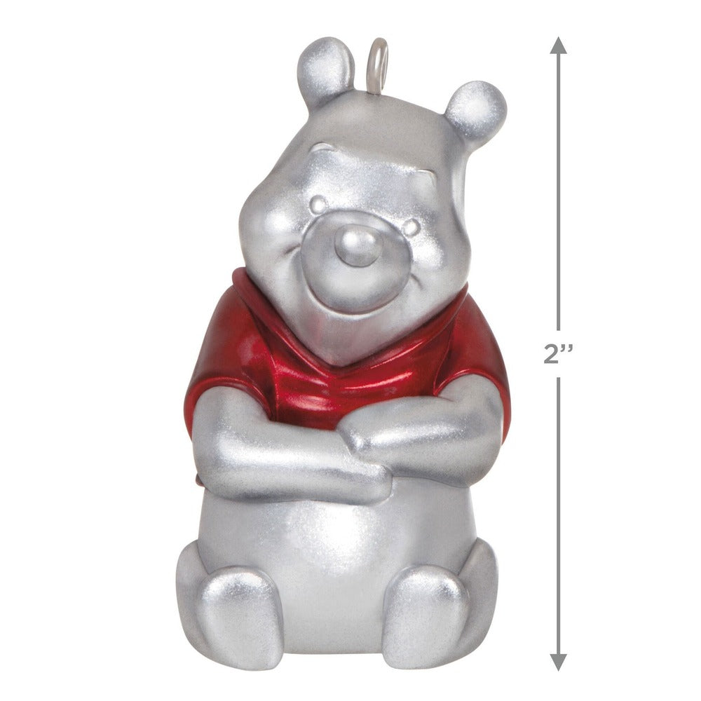 Disney 100 Years of Wonder Classic Characters, Set of 4 — Hallmark Keepsake Christmas Ornament featuring Winnie the Pooh in a shiny silver finish with a red top.