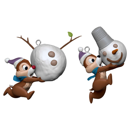 Disney Chip and Dale, Up to Snow Good, set of 2 ornaments featuring chipmunks with snowman parts, front view.
