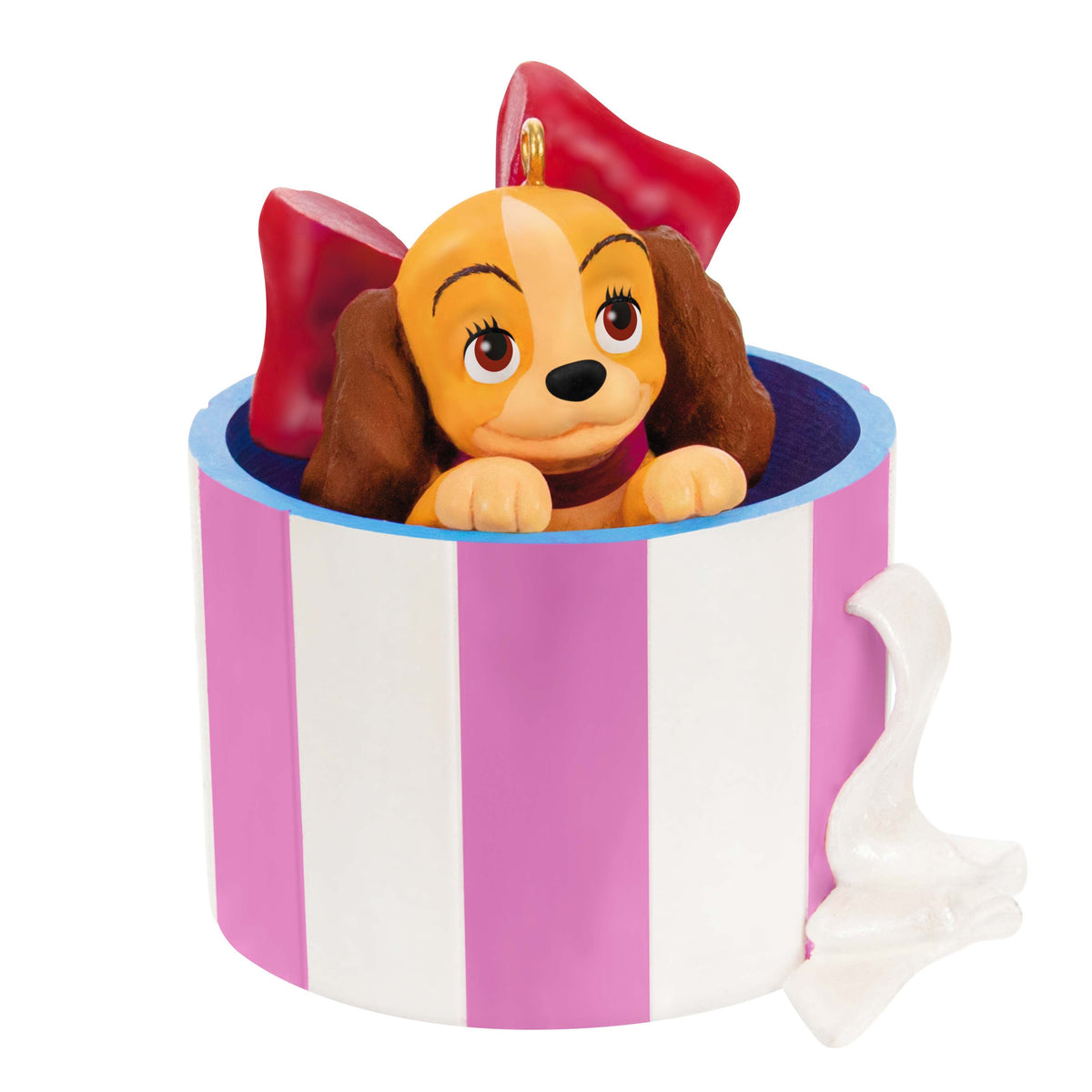 Disney Lady and the Tramp, Darling's Christmas Gift — Hallmark Keepsake Christmas Ornament featuring Lady the Cocker Spaniel peeking from a striped hatbox.