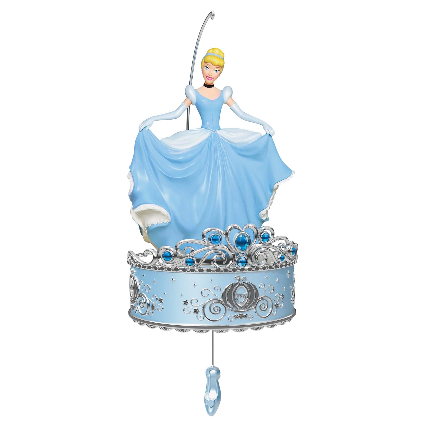 Disney Cinderella, Twirling at the Ball — Hallmark Keepsake Christmas Ornament featuring Cinderella in a blue gown twirling on a decorative base.