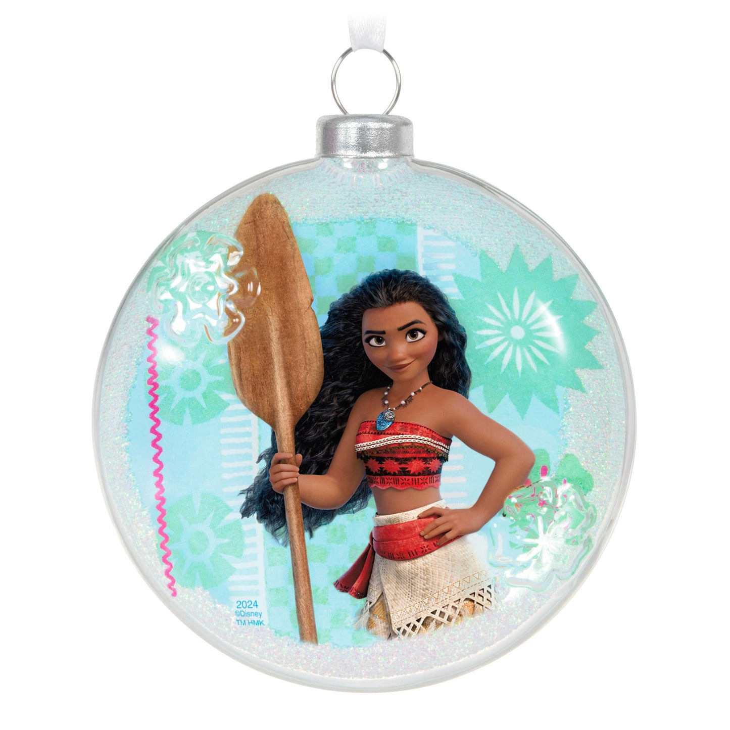 Disney Moana of Motunui (Glass) — Hallmark Keepsake Christmas Ornament, glass disc decoration features Moana holding her oar, vibrant background.