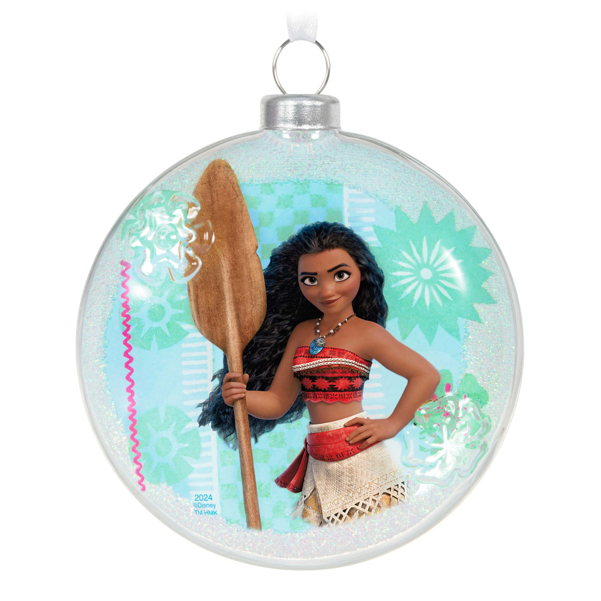 Disney Moana of Motunui (Glass) — Hallmark Keepsake Christmas Ornament, glass disc decoration features Moana holding her oar, vibrant background.