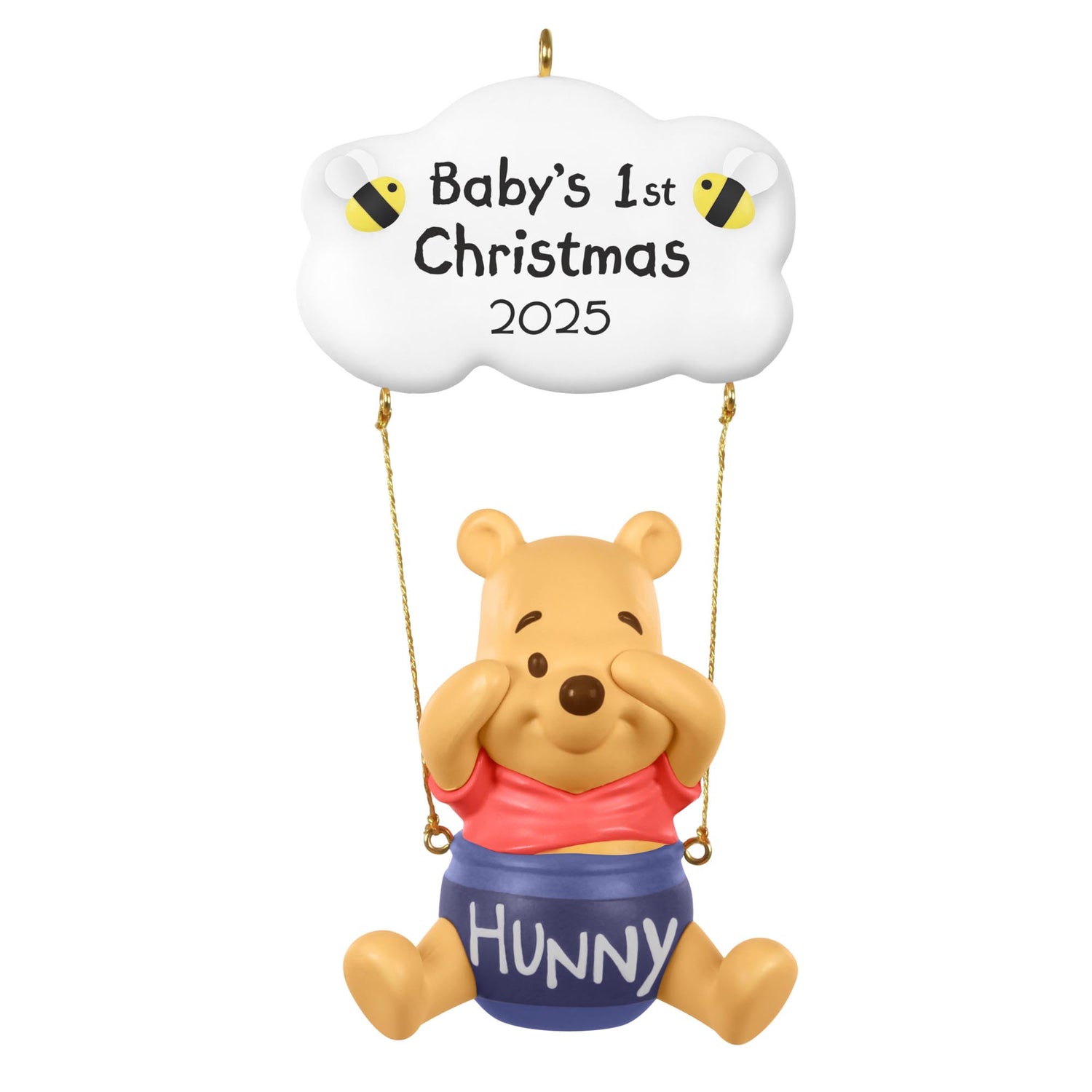 Disney Winnie the Pooh, Baby's First Christmas — 2025 Hallmark Keepsake Christmas Ornament with Pooh swinging from a cloud.