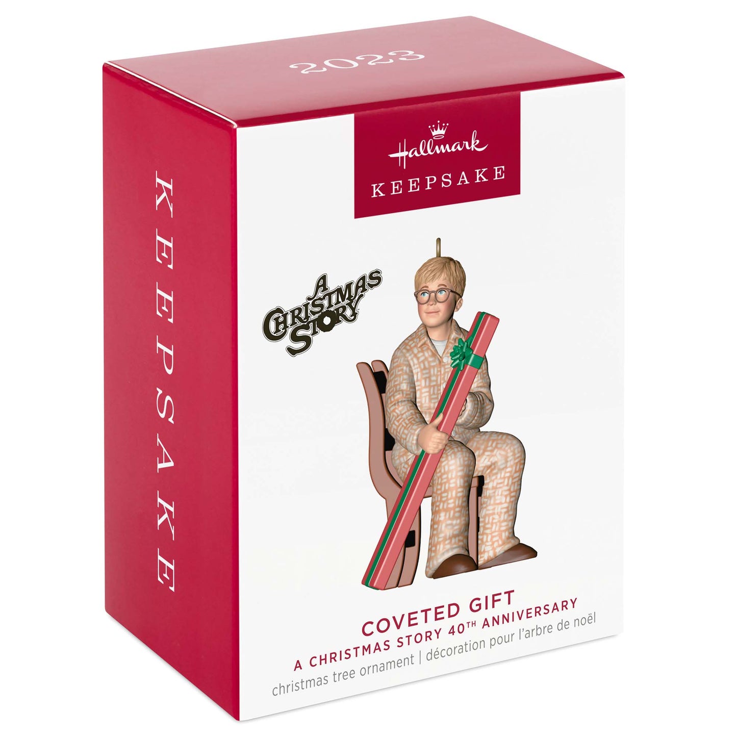 Coveted gift, A Christmas Story 40th Anniversary Hallmark Keepsake Christmas ornament, angled view of the decorative box.