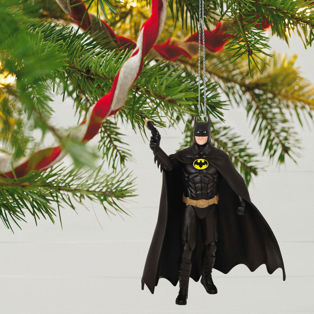 DC 1989 Batman — Hallmark Keepsake Christmas Ornament, detailed black figure hanging on Christmas tree with festive ribbon.