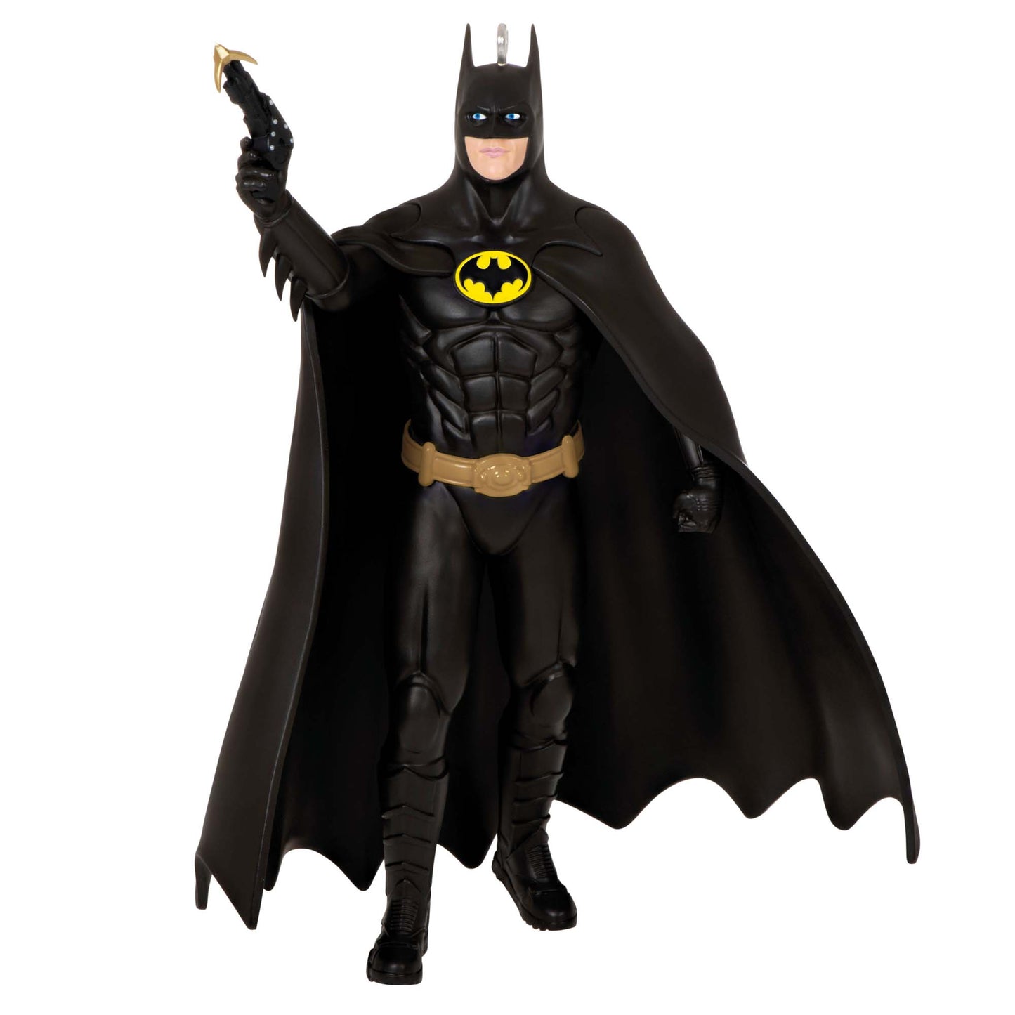 DC 1989 Batman — Hallmark Keepsake Christmas Ornament detailed figure wearing a black cape and holding a grappling gun, angled view.