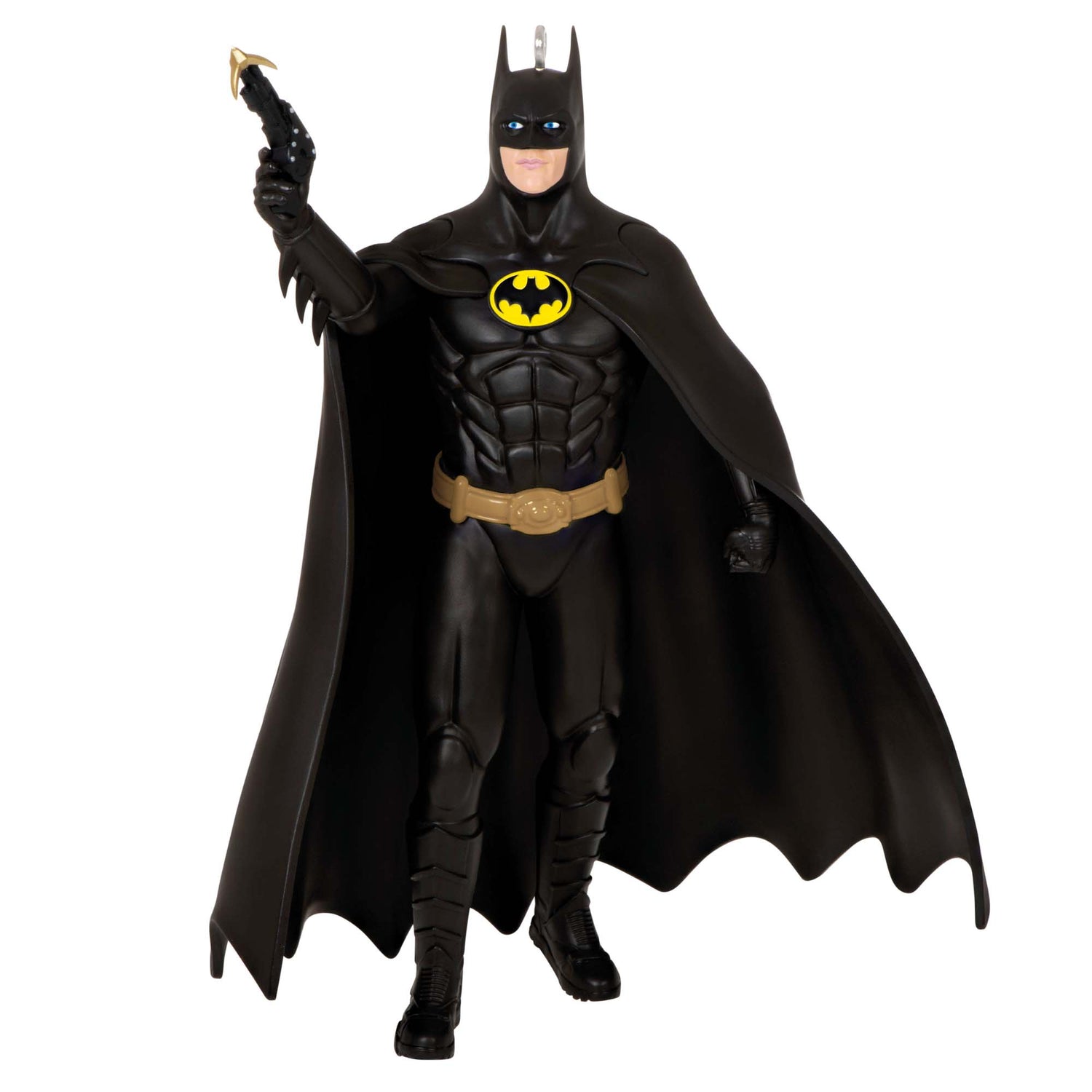 DC 1989 Batman — Hallmark Keepsake Christmas Ornament detailed figure wearing a black cape and holding a grappling gun, angled view.