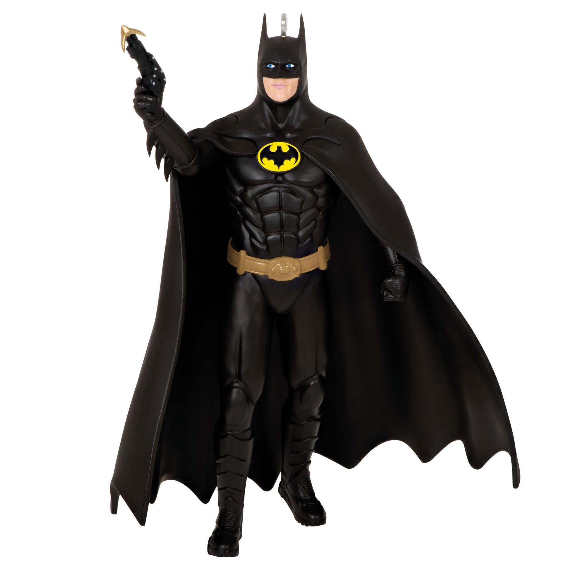 DC 1989 Batman — Hallmark Keepsake Christmas Ornament detailed figure wearing a black cape and holding a grappling gun, angled view.