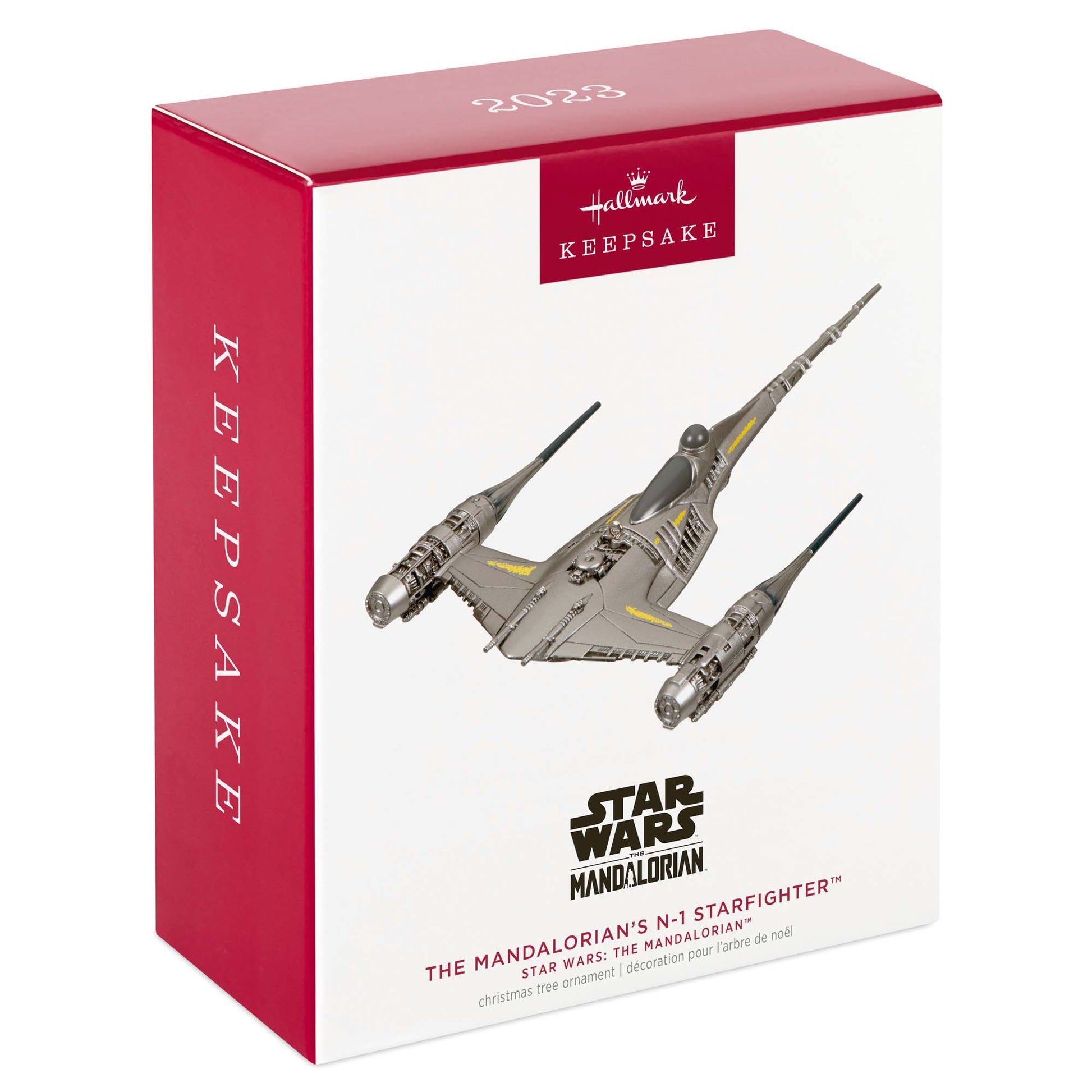 Star Wars™: The Mandalorian, The Mandalorian's N—1 Starfighter — Hallmark Keepsake Christmas Ornament in red packaging with details.