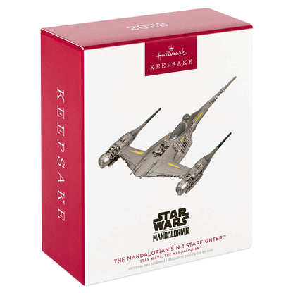 Star Wars™: The Mandalorian, The Mandalorian's N—1 Starfighter — Hallmark Keepsake Christmas Ornament in red packaging with details.