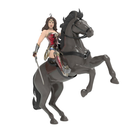 DC™ Wonder Woman™ — Hallmark Keepsake Christmas Ornament in a dynamic pose on a powerful black horse, featuring intricate details.