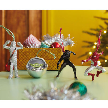 Disney 100 years of wonder, Star Wars™ and Marvel heroes, set of 4 — Hallmark Keepsake Christmas ornament, close up of Chewbacca, Grogu, Black Panther, Spider-Man.