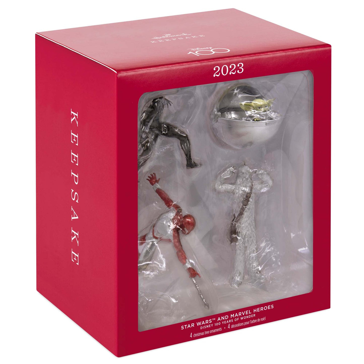 Disney 100 years of wonder, Star Wars™ and Marvel Heroes, set of 4 Christmas ornaments in gift packaging, featuring detailed characters.
