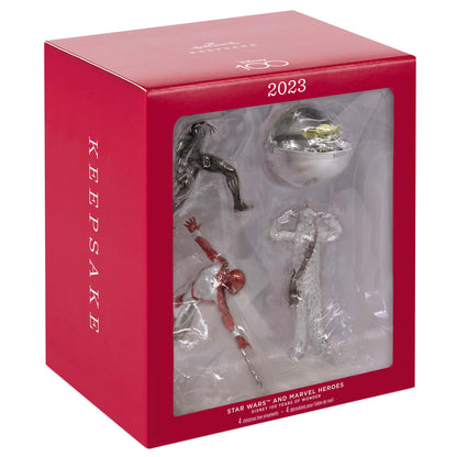 Disney 100 years of wonder, Star Wars™ and Marvel Heroes, set of 4 Christmas ornaments in gift packaging, featuring detailed characters.