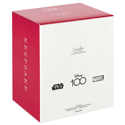 Disney 100 Years of Wonder, Star Wars™ and Marvel Heroes, Set of 4 — Hallmark Keepsake Christmas Ornament packaging showcasing artist details and logos.