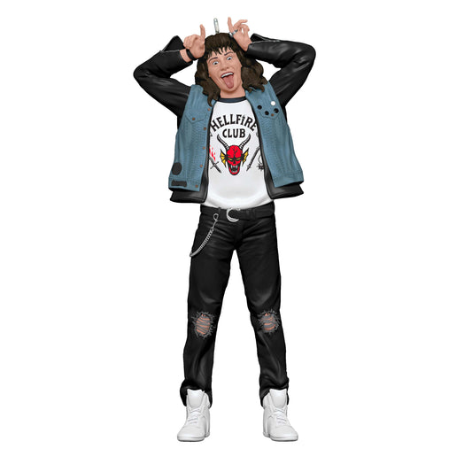 Netflix Stranger Things, Eddie Munson — Hallmark Keepsake Christmas Ornament, detailed pose showing horns with Hellfire Club T-shirt and leather jacket