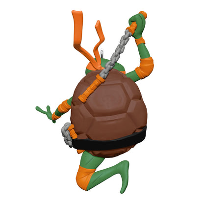 Teenage Mutant Ninja Turtles: Mutant Mayhem, Michelangelo — 2025 Hallmark Keepsake Christmas Ornament, dynamic pose, orange mask, holding nunchucks.